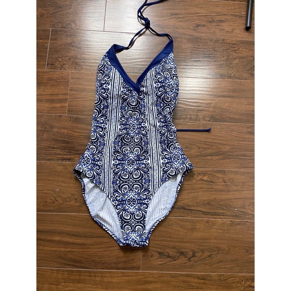 Pink Envelope Womens Blue White Tile Print Halter One Piece‎ Swimsuit XL
